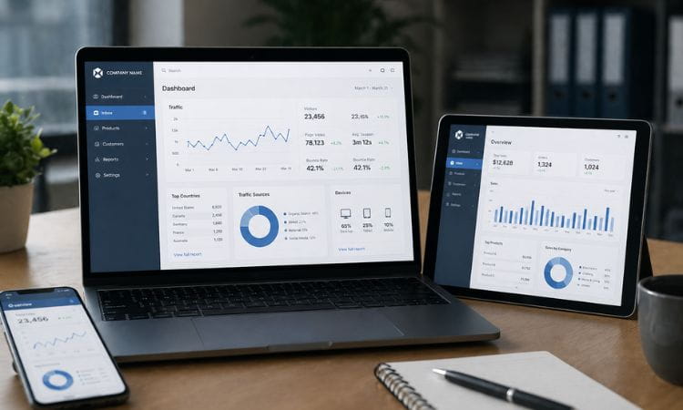 Prikaz analitike web stranice na laptopu, tabletu i mobitelu – statistika posjeta, grafovi i performanse web sajta