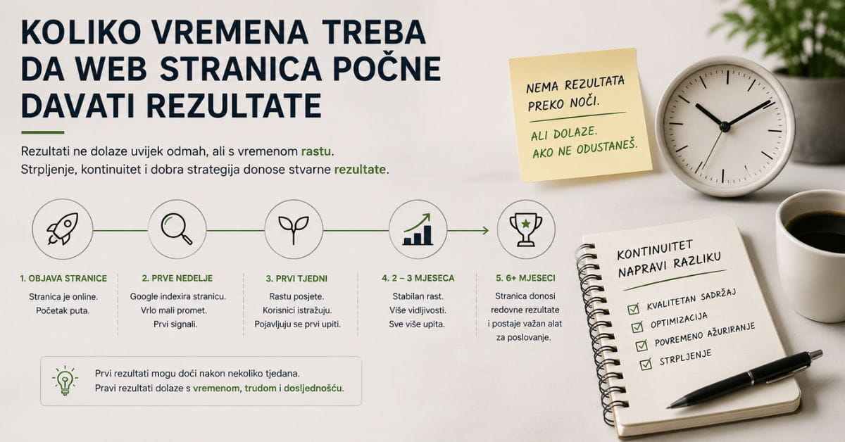 Prikaz vremenskog razvoja web stranice od objave do prvih rezultata i upita